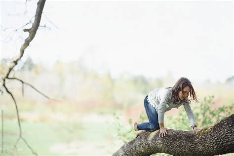Little Girl Climbing Oak Tree In Springtime By Stocksy Contributor