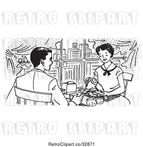 Vector Clip Art Of Retro Cartoon Happy Couple Dining In A City