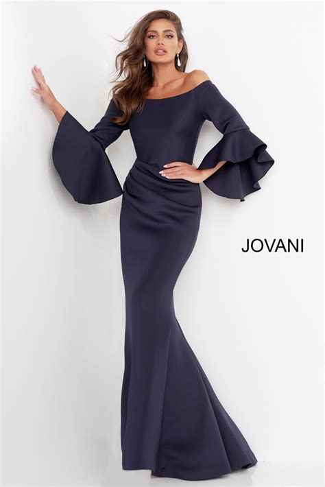 Jovani 59993 Blush Scuba Ruched Bell Sleeve Evening Dress