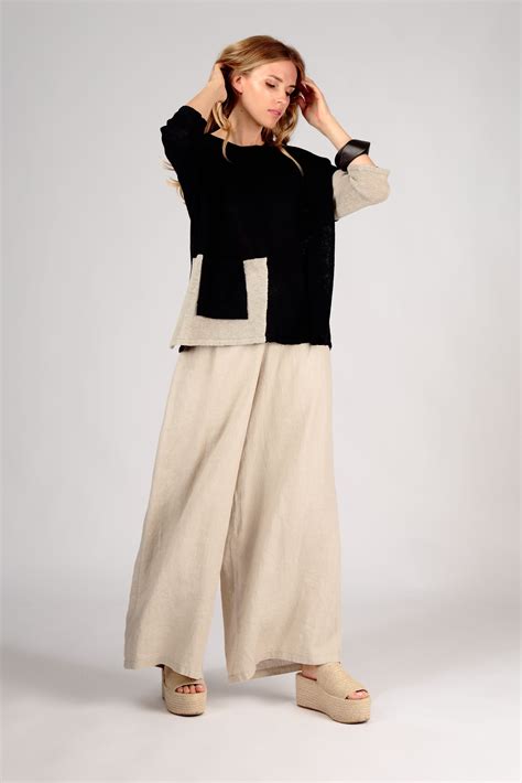 Natural Non Dyed Linen Trousers And Hand Knitted Pure Linen Sweater Is
