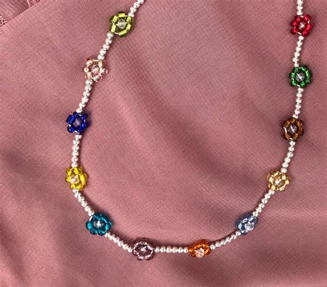 Colourful Daisy Beaded Necklace Y2k Jewellry Y2k Necklace Etsy In