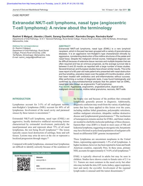 Pdf Extranodal Nkt Cell Lymphoma Nasal Type Angiocentric T Cell