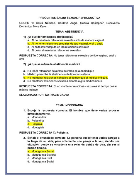 Banco De Preguntas De Salud Sexual Para Reforzar Los Temas Preguntas