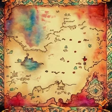 Colorful Vintage Treasure Map With Watercolor Illustrations