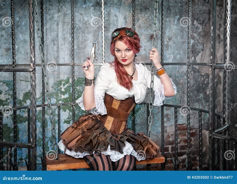 Beautiful Steampunk Woman In The Cage With Gun Stock Photo Image Of Cage Mystery