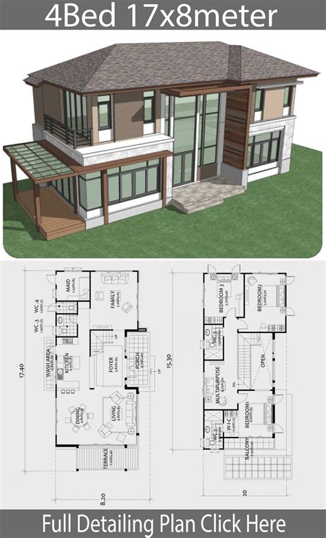 31×26 house design idea with one bedroom hip roof. Home design plan 17x8m with 4 bedrooms - House Plans 3D