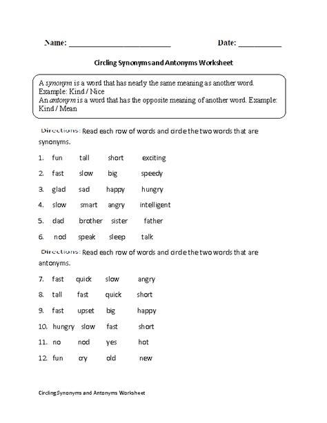 Antonyms Worksheet For Grade 3