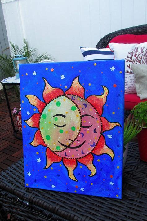 Mexican Folk Art Sun And Moon Luna El Sol Flowers By Prisarts Whimsical