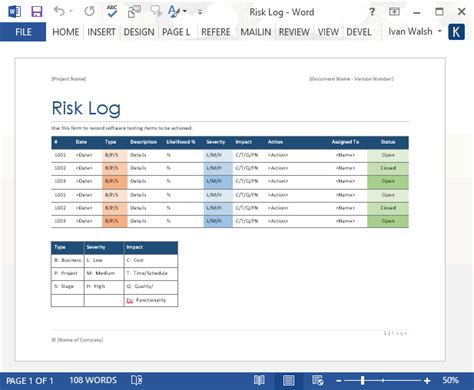 Risk Log Template Ms Word Software Testing