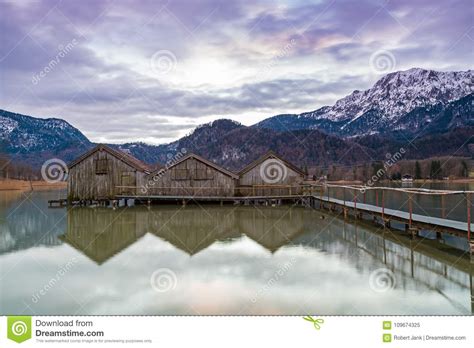 Boathouses At Lake Kochelsee Bavaria Germany Stock Image Image Of