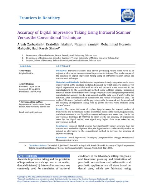 Pdf Accuracy Of Digital Impression Taking Using Intraoral Scanner