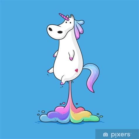 Poster Cute Fat Unicorn Farting Rainbow Funny Vector Cartoon Illustration Pixersus