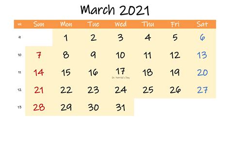 Editable March Calendar 2021 Blank Template Free Download