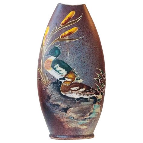 Scandinavian Pottery Vase With Ducks And Bulrush Decor By Tilgmans