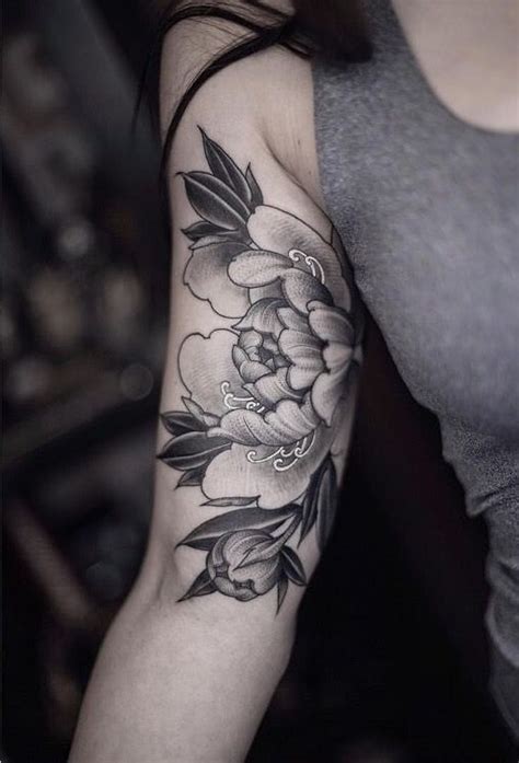 Black And White Peony Tattoo On The Upper Arm Floraltattoo Peony