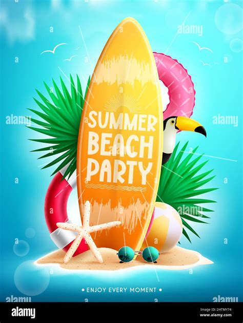 Summer Beach Vector Concept Design Summer Beach Party Text In Surfboard Element With Floaters