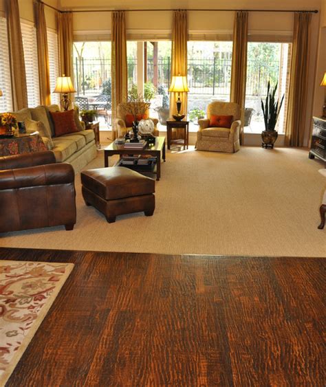 Patterned Carpet And Hand Scraped Wood Floor Traditional Living