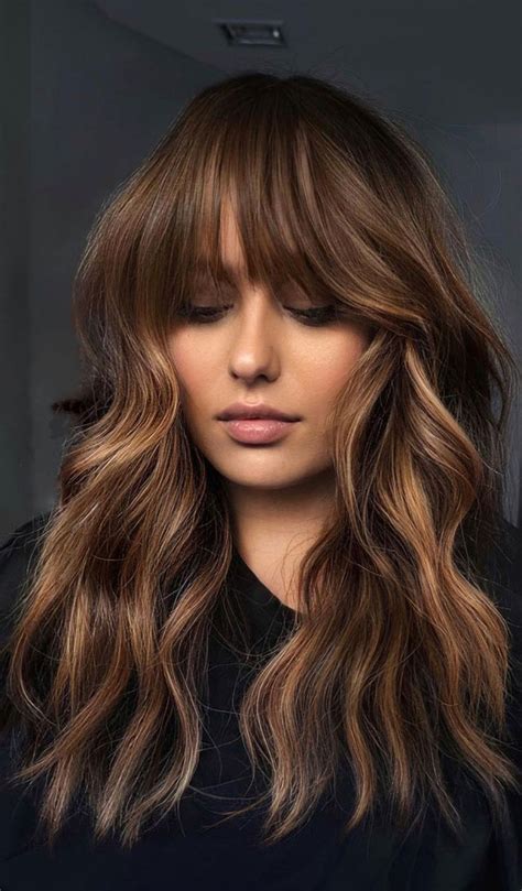 50 Brunette Brown Hair Colours And Hairstyles Bronze Caramel With Fringe