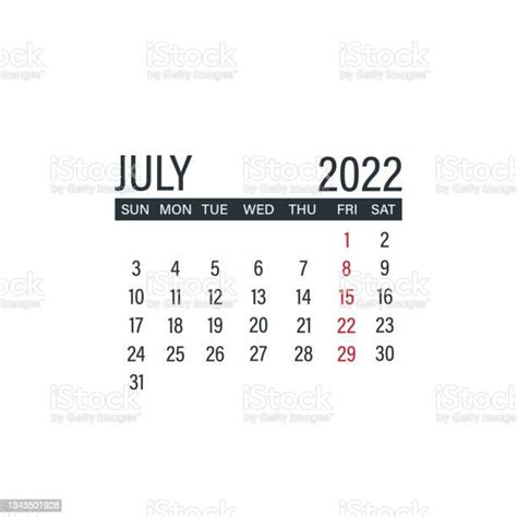 July 2022 Calendar Icon Day Month Year Flat Vector Illustration Stock
