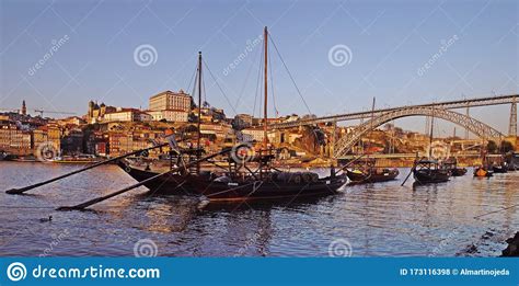 Panoramic View With The Traditional Rabelo Boats Douro River And Porto