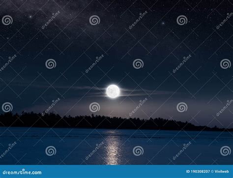 Beautiful Full Moon And Moonlight Reflection In Tropical Sea Stock
