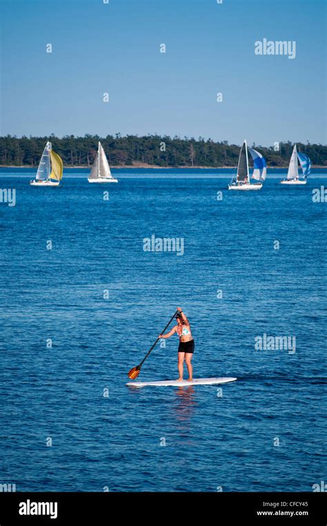 Paddleboarder And Sailboats With Spinnakers From Royal Victoria Yacht
