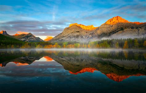 Wallpaper Autumn Forest Mountains Lake Reflection Morning Canada