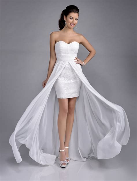 designer front short back long formal evening dress white strapless chiffon lace high low prom