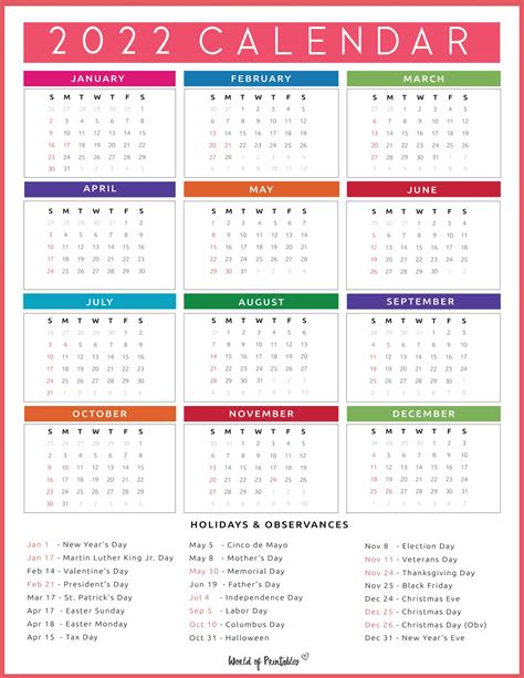 Top Free Printable 2022 Yearly Calendar With Holidays Free Images