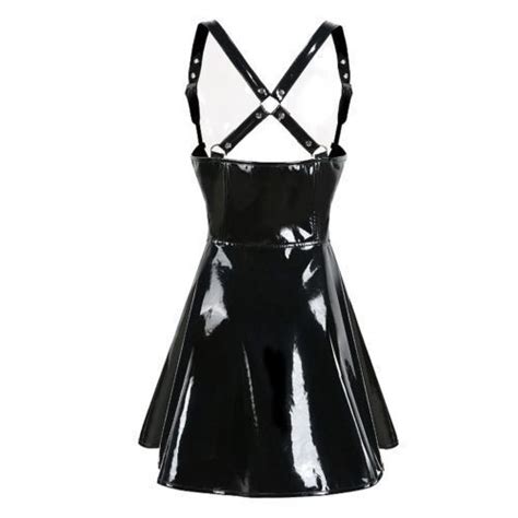 Women Shiny Vinyl Pvc Wet Look Dress Strap Mini Dress With Zipper Party