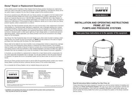 Installation And Operating Instructions Prime Jet 240 Davey Pumps