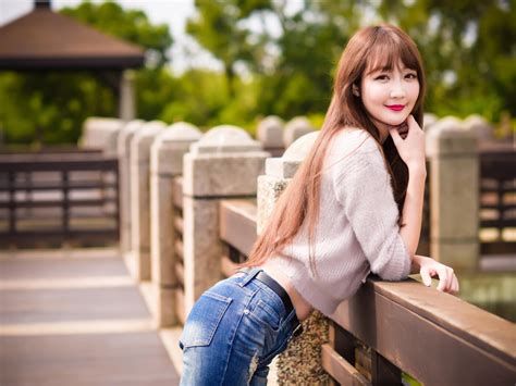 Asian Bent Over Smiling Skinny Long Haired Red Hair Teen Girl Wallpaper