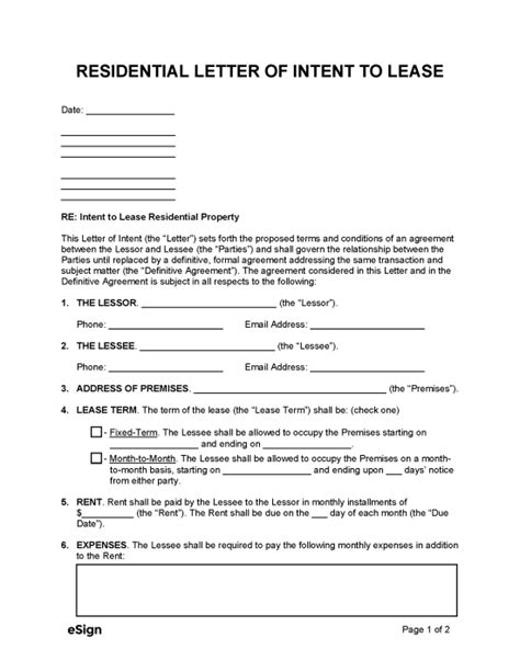 Free Residential Letter Of Intent To Lease Pdf Word