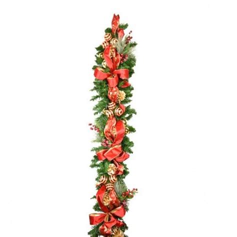 Ideal for home or work. 9′ Lighted Red and Gold Decorated Evergreen Holiday ...