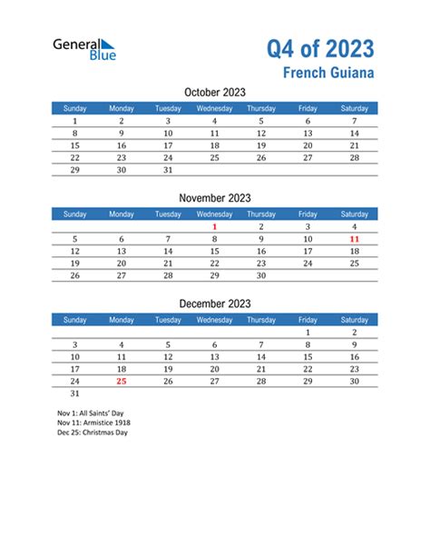 Q4 2023 Quarterly Calendar With French Guiana Holidays