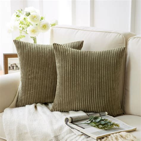 Soft Corduroy Striped Velvet Square Decorative Throw Pillow Cusion For Couch 18 X 18 Olive