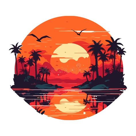Silhouette Palm Tree Against Orange Sunset Backdrop Stock Vector