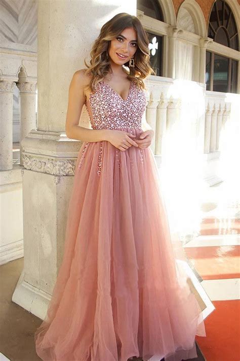 Dusty Rose Tulle Beaded Long Prom Dress With Lace Up Back Pg843 Sweet