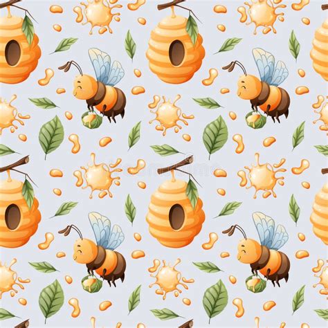 Vector Seamless Pattern With Cute Bees Honey Hive And Flowers Great