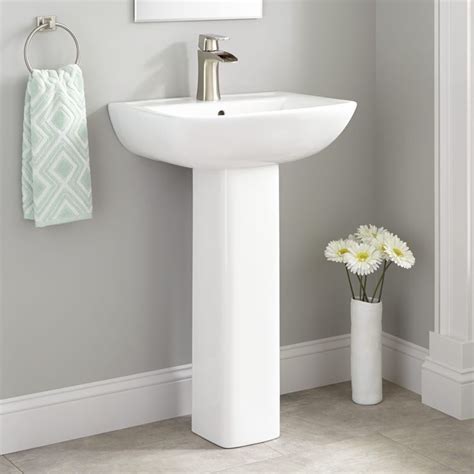 Most standard round sinks measure 16 to 20 inches in diameter, while most rectangular sinks range from widths of 19 to 24 inches and 16 to 23 inches front to back. Kerr Porcelain Pedestal Sink | Pedestal sink bathroom, Modern pedestal sink, Small pedestal sink