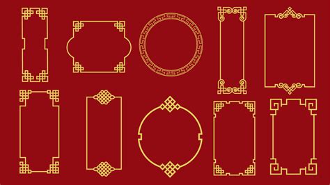 Set Of Various Traditional Golden China Frame Isolated On Red