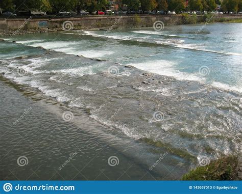 Sochi River With Small Water And Waterfall At Sunny Day Stock Image
