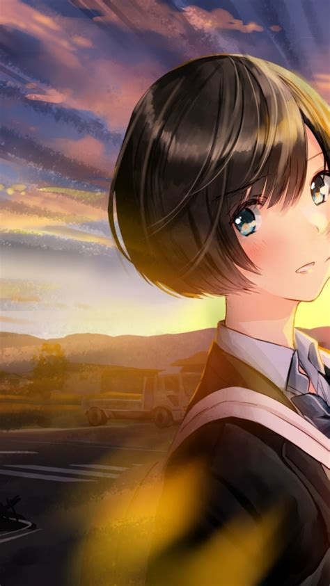 Wallpaper Short Brown Hair Sunset Blushes Anime School Girl