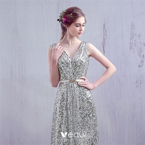 Sparkly Silver 2017 Evening Dresses V Neck Lace Backless Glitter