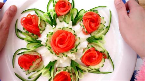 Tomato Rose Flower With Onion Cucumber Garnish And Vegetable And Fruit