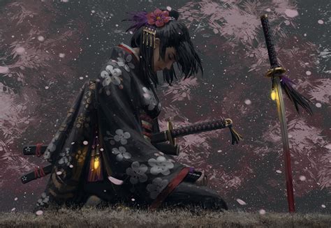 Guweiz Artwork Katana 720p Digital Art Sword Kimono Hd Wallpaper