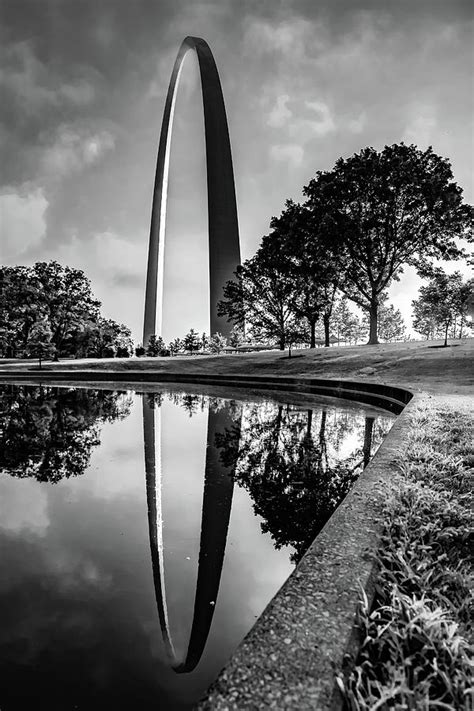 Saint Louis Arch Reflections At Sunrise In Black And White Photograph