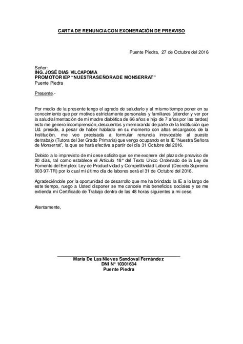 Carta De Renunciacon ExoneraciÓn De Preaviso Puente Piedra 27 De