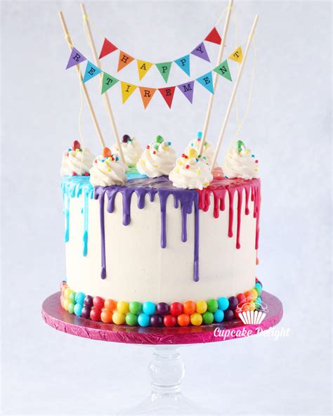 Rainbow retirement drip cake with rainbow bunting and rainbow border #rainbow Cake Rainbow ...