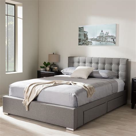 Complete with a style matching bottom with exposed wooden legs, this bed set is perfect for a master or guest bedroom. Baxton Studio Rene Gray Queen Upholstered Bed-28862-7060-HD - The Home Depot